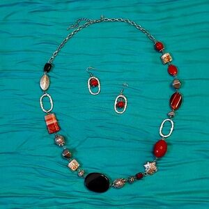 Premier Designs Chunky Beaded Link Necklace & Earrings - Amber/Silver